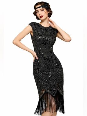 1920s Gatsby Black Sequin Fringe Dress S | Art Deco Beaded Flapper Cocktail